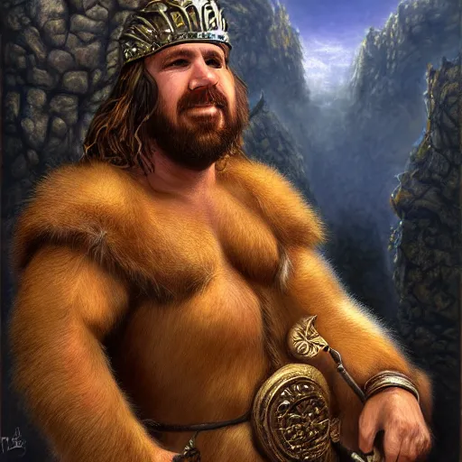 Image similar to fantasy portraiture of a man-hamster chimera jarl, by Ted Nasmith and by Joe Jusko, 4K, trending on ArtStation, sfumato, full shot