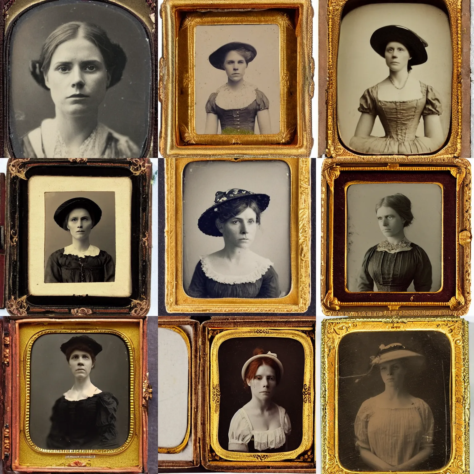 Prompt: a late 1 9 th century, 3 0 years old, austro - hungarian, sullen old maid ( redhead, tight bun, tight bun, straw hat decorated with flowers, looks a bit similar to amy adams, but not pretty, as a strict school teacher ), 1 9 th century daguerreotype by emil rabending