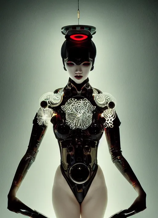 Image similar to portrait of a sensual futuristic geisha cyborg, latex, modern fine art, fractal, glowing calligraphy, intricate ornaments, elegant, highly detailed, digital photography, subsurface scattering, by jheronimus bosch and greg rutkowski,