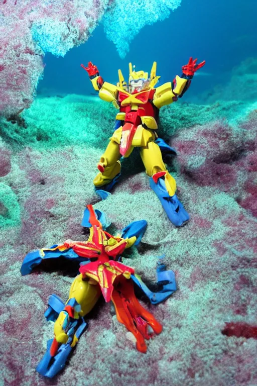 Prompt: Kodak portra 160, 8K, highly detailed, portrait, starfish pose, focus on steel armour: famous gundam in low budget movie remake, underwater scene