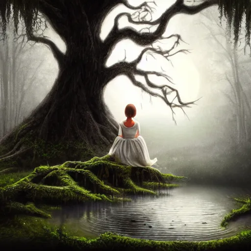 Image similar to highly realistic scenic painting of a towering misty dark fantasy forest surrounding a pond, a girl in a white dress sits on the roots of an ancient tree looking up at the moon, spooky fog, fantasy painting hd