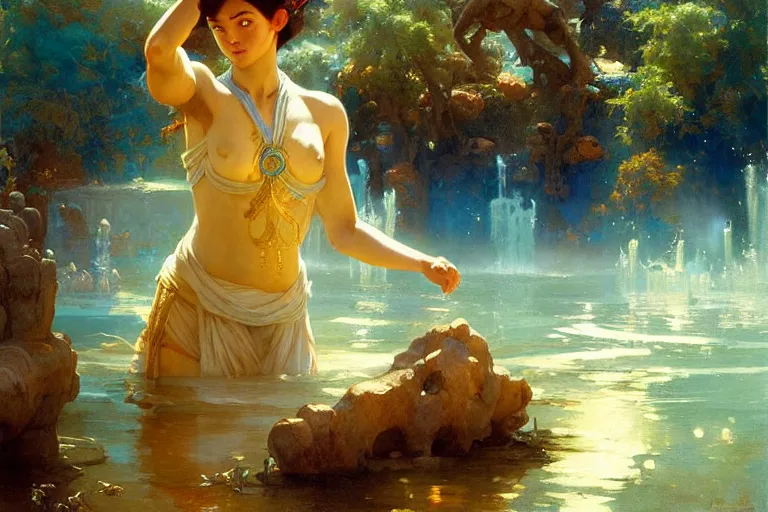 Prompt: waterbender, surrounded by floating water, avatar the last airbender, vibrant colors and hard shadows and strong rim light, light blue sky, cool white color temperature, painting by gaston bussiere, craig mullins, j. c. leyendecker