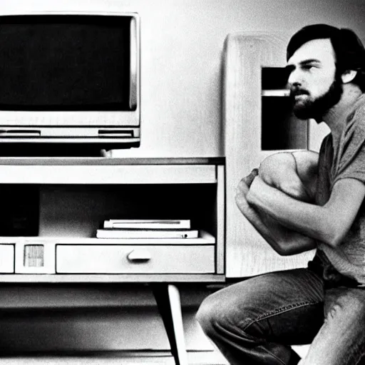 Prompt: Man crawls out of TV screen into living room, 1980 vintage vhs photograph