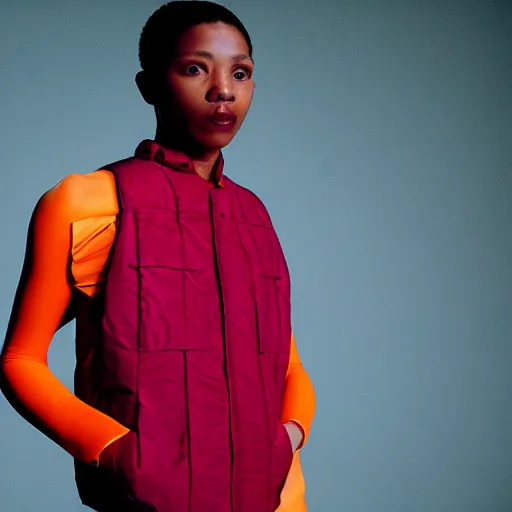 Image similar to realistic photoshooting for a new issey miyake lookbook, color film photography, portrait of a beautiful woman, model is wearing techtical vest, image shot in the dark red direct lightning, photo in style of tyler mitchell, 3 5 mm,