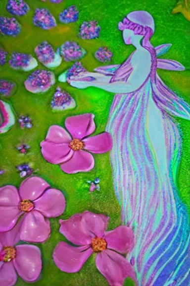 Image similar to fairy floral angel garden, pastels, iridescent aesthetic, symmetrical