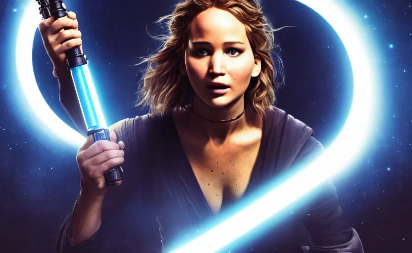 Image similar to jennifer lawrence as a jedi holding up a blue lightsaber, very dark background, official new star wars episode xi movie poster from lucas arts, perfect symmetrical face, full moon, moody lighting, 8 k, shallow depth of field, intricate detail,