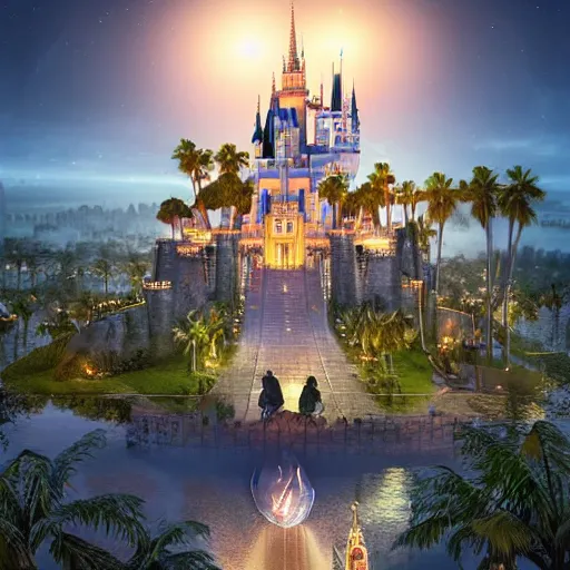 Image similar to the disney castle surrounded by giant palm trees on a giant floating island in the sky at night, a huge light bulb above the island illuminates the island, cinematic, digital art by erik johansson, 8 k resolution, hyper detailed, hyper realistic, sharp focus, unreal engine 5