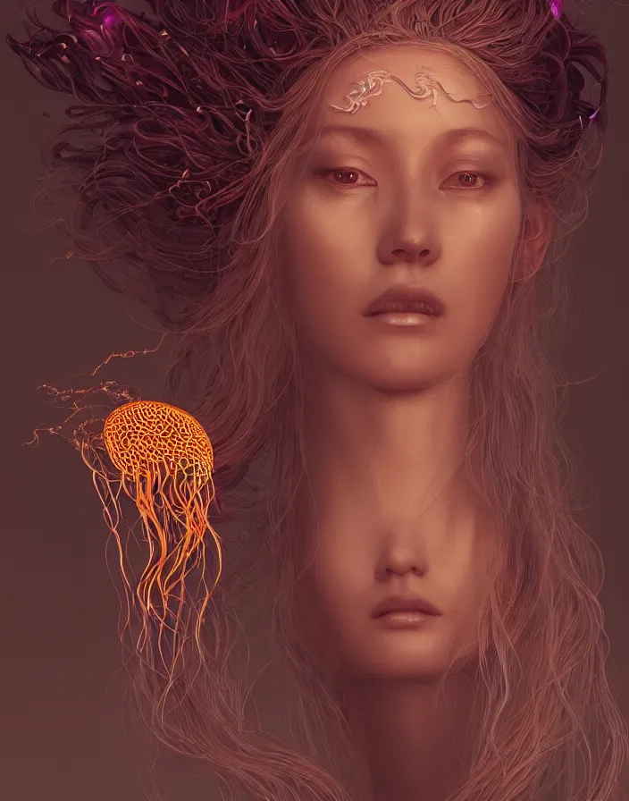 Image similar to goddess portrait. jellyfish phoenix head. intricate artwork by Tooth Wu and wlop and beeple. octane render, trending on artstation, greg rutkowski very coherent symmetrical artwork. cinematic, hyper realism, high detail, octane render, 8k