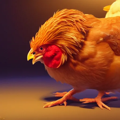 Image similar to photorealistic chicken that is eating chicken nuggets. hyperdetailed photorealism, 1 0 8 megapixels, amazing depth, glowing rich colors, powerful imagery, 3 d finalrender, 3 d shading, cinematic lighting, artstation concept art