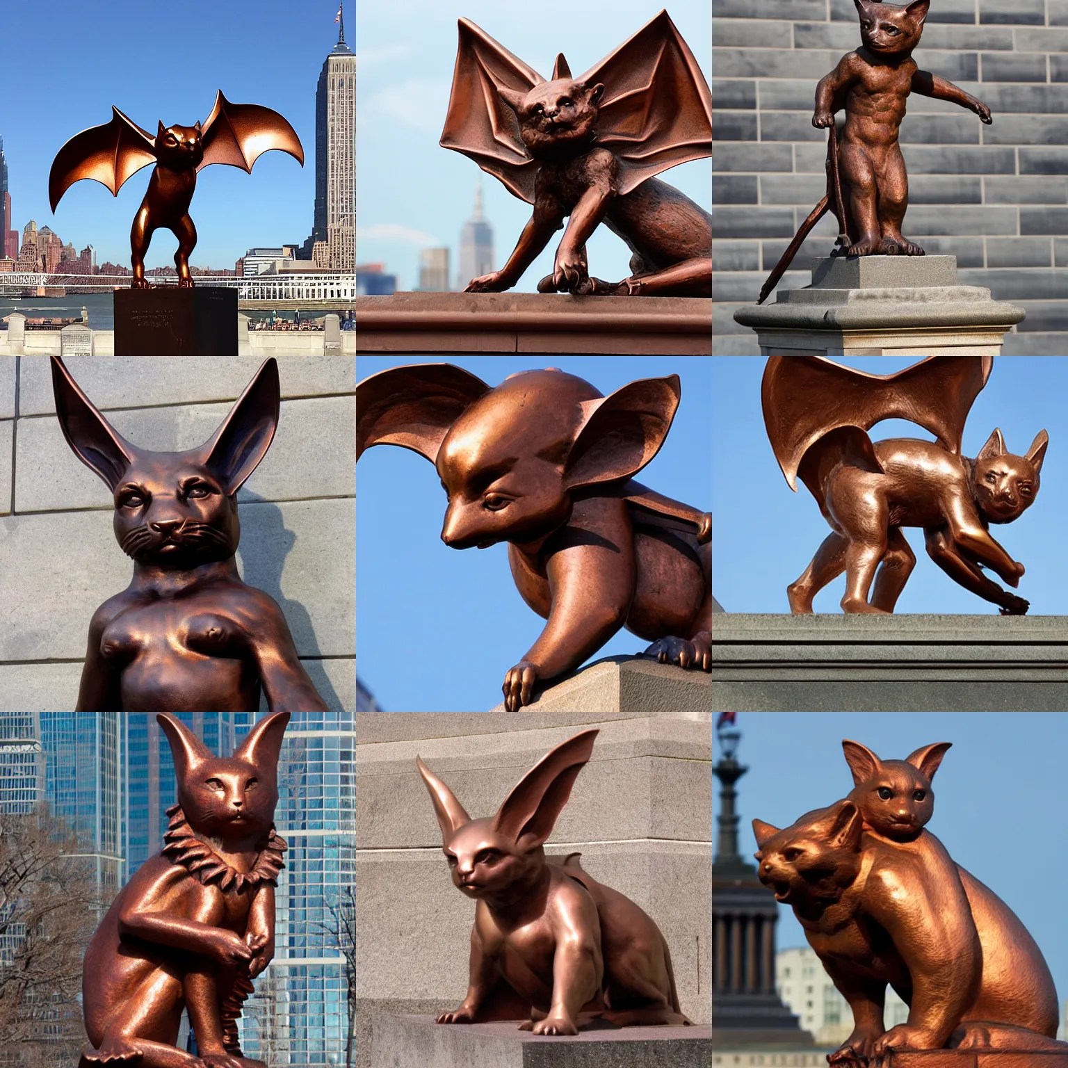 Prompt: Colossal neoclassical copper sculpture of a bat kitten, on Liberty Island, New York Harbour