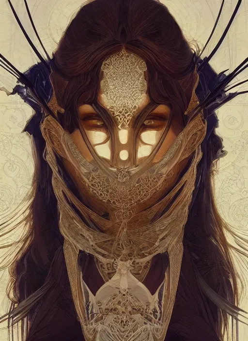 Prompt: symmetry!! masks, machine parts embedded into face, intricate, elegant, highly detailed, digital painting, artstation, concept art, smooth, sharp focus, illustration, art by artgerm and greg rutkowski and alphonse mucha, 8 k