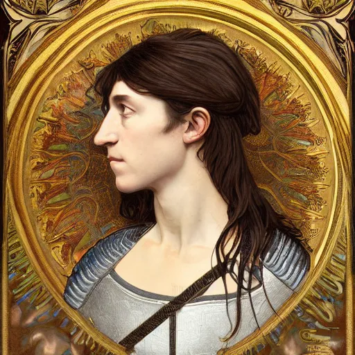 Prompt: portrait of charlotte gainsbourg as joan of arc in armor, hyperrealistic digital painting, iconography influenced by alphonse mucha and eugene delacroix, arstation and deviantart trends, high resolution 8 k