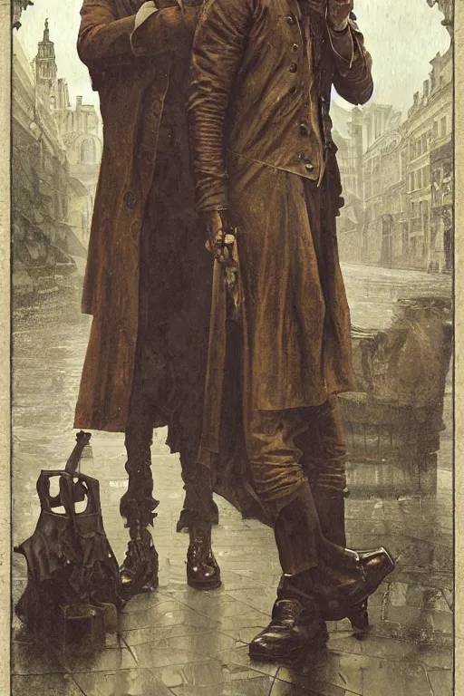 Image similar to a detailed matte portrait of sam winchester and dean winchester in a supernatural sherlock holmes story, 1 8 th century london in the rain, city streets, ominous, masterpiece, 8 k, art by alphonse mucha and greg rutkowski