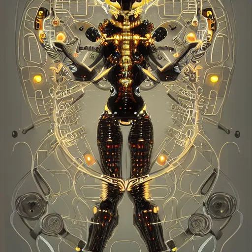 Image similar to a stylized minimalist horneded cybernetic demon, circuitry, klimt, royo, behance, global illumination