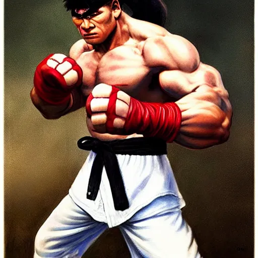 Prompt: ultra realistic billie madison as ryu from street fighter, painting by frank frazetta, 4 k, ultra realistic, highly detailed,
