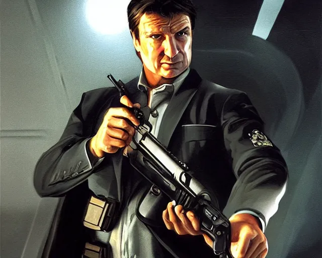 Prompt: Nathan Fillion as James Bond in Goldeneye 64 assassinating a guard with silenced Walther PPK in secret facility , volumetric lighting, cinematic, intricate, elegant, highly detailed, movie still, artstation, smooth, sharp focus, illustration, art by artgerm and greg rutkowski and alphonse much