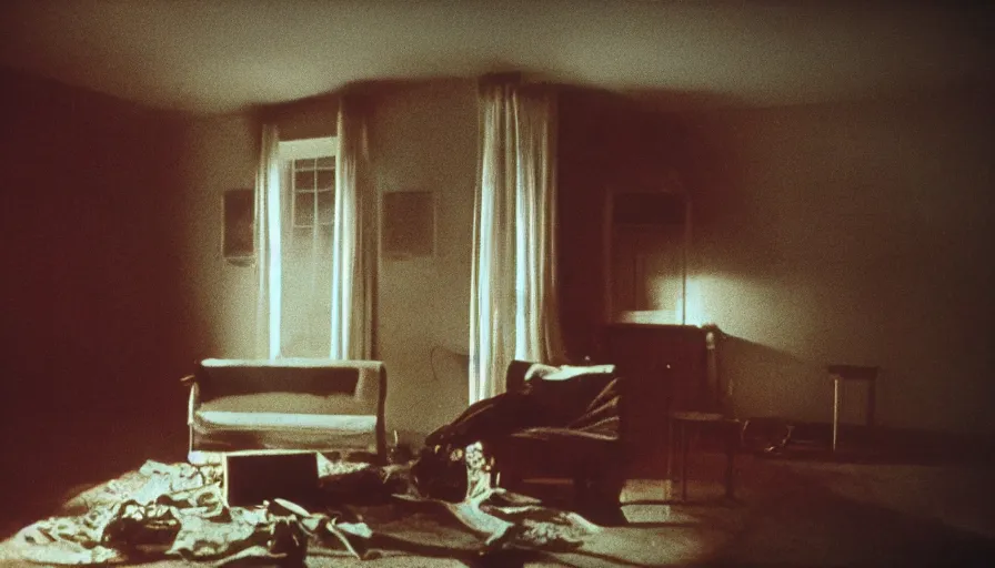 Image similar to 7 0 s film still from a horror movie about an exorcism in an old living room, kodachrome, cinecolor, cinestill, photorealism, cinematic, film grain, film texture, vhs recording