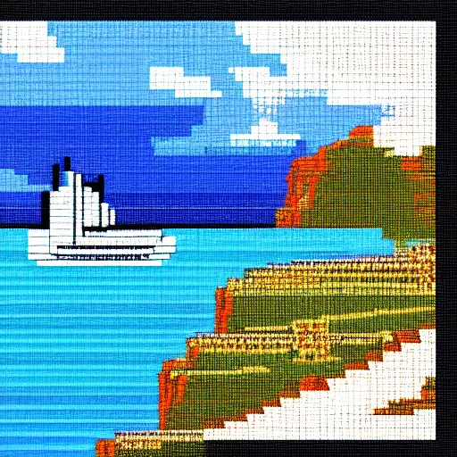 Image similar to a blue white black ferry at the sea, pixelart