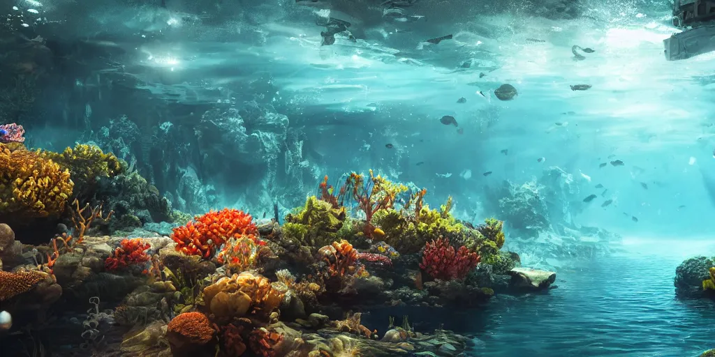 Image similar to underwater enviroment, unreal 5, hyperrealistic, realistic, photorealistic, dynamic lighting, highly detailed, cinematic landscape, studio landscape, studio lighting