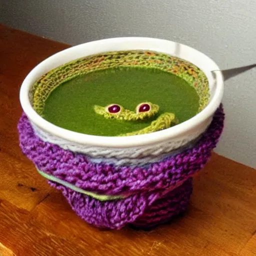 Image similar to a bowl of soup that looks like a monster, all as knitted yarn