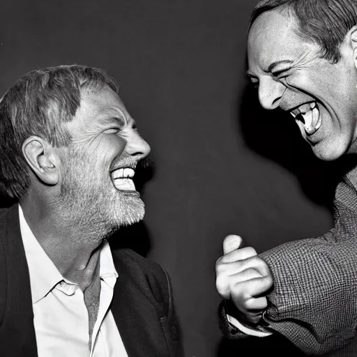 Prompt: Two men laughing at each other by Terry Gilliam