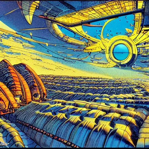 Prompt: a vibrant scifi art scene by francois schuiten, highly detailed, remodern surrealism, cel - shaded, colored screentone, digitally enhanced.