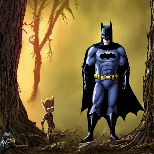 Image similar to batman meets groot in the woods digital art 4 k detailed super realistic