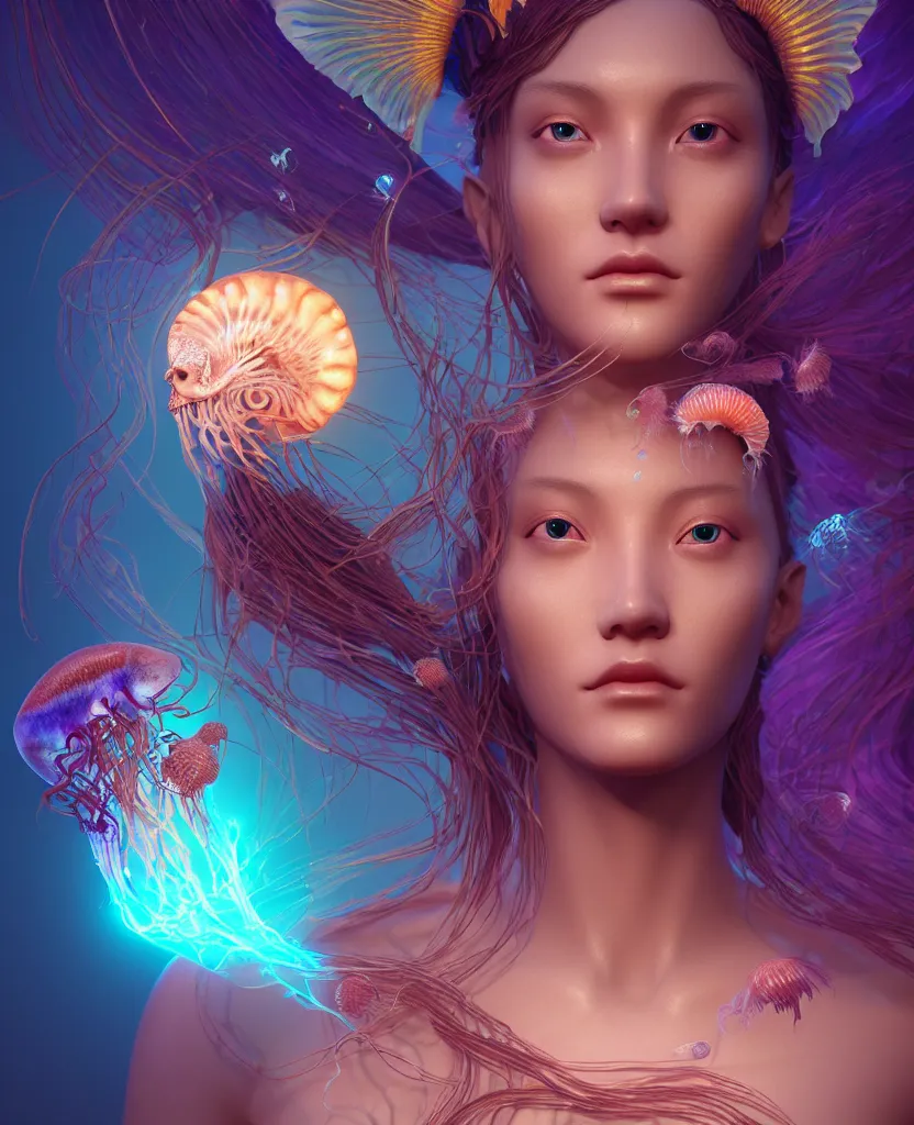 Image similar to goddess close-up portrait. jellyfish phoenix head, nautilus, orchid, skull, betta fish, bioluminiscent creatures, intricate artwork by Tooth Wu and wlop and beeple. octane render, trending on artstation, greg rutkowski very coherent symmetrical artwork. cinematic, hyper realism, high detail, octane render, 8k