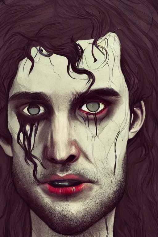 Image similar to tom sturridge as dream in sleepy hollow, full body, big two toned eyes, teeth gritted, horror, intricate details, cinematic, epic, realistic, anatomy, tomer hanuka, uplight, artstation, photorealistic, scary