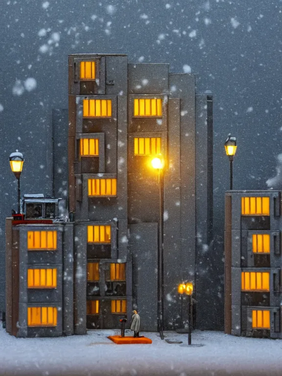 Image similar to detailed miniature diorama a soviet residential building, brutalism architecture, warm lights are on in the windows, man lies in the snow, dark night, fog, winter, blizzard, cozy and peaceful atmosphere, row of street lamps with warm orange light, several birches nearby