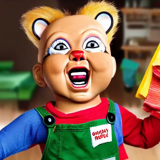 Prompt: easy how to guide for cleaning chucky doll screaming