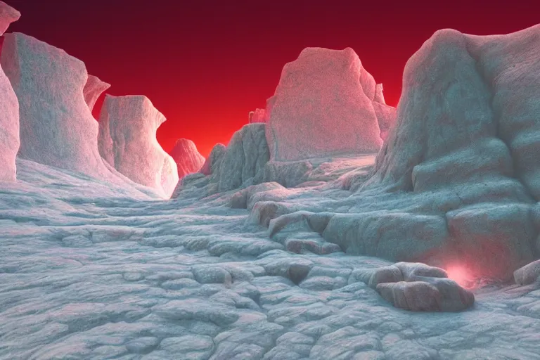 Image similar to a hd render of a surreal frozen landscape, cinematic lighting, by beeple and zdzisław beksinski, red cube of light