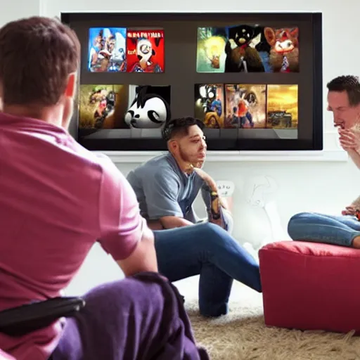 Image similar to a fursuiters in the living room having a heated debate about what show to play on Netflix