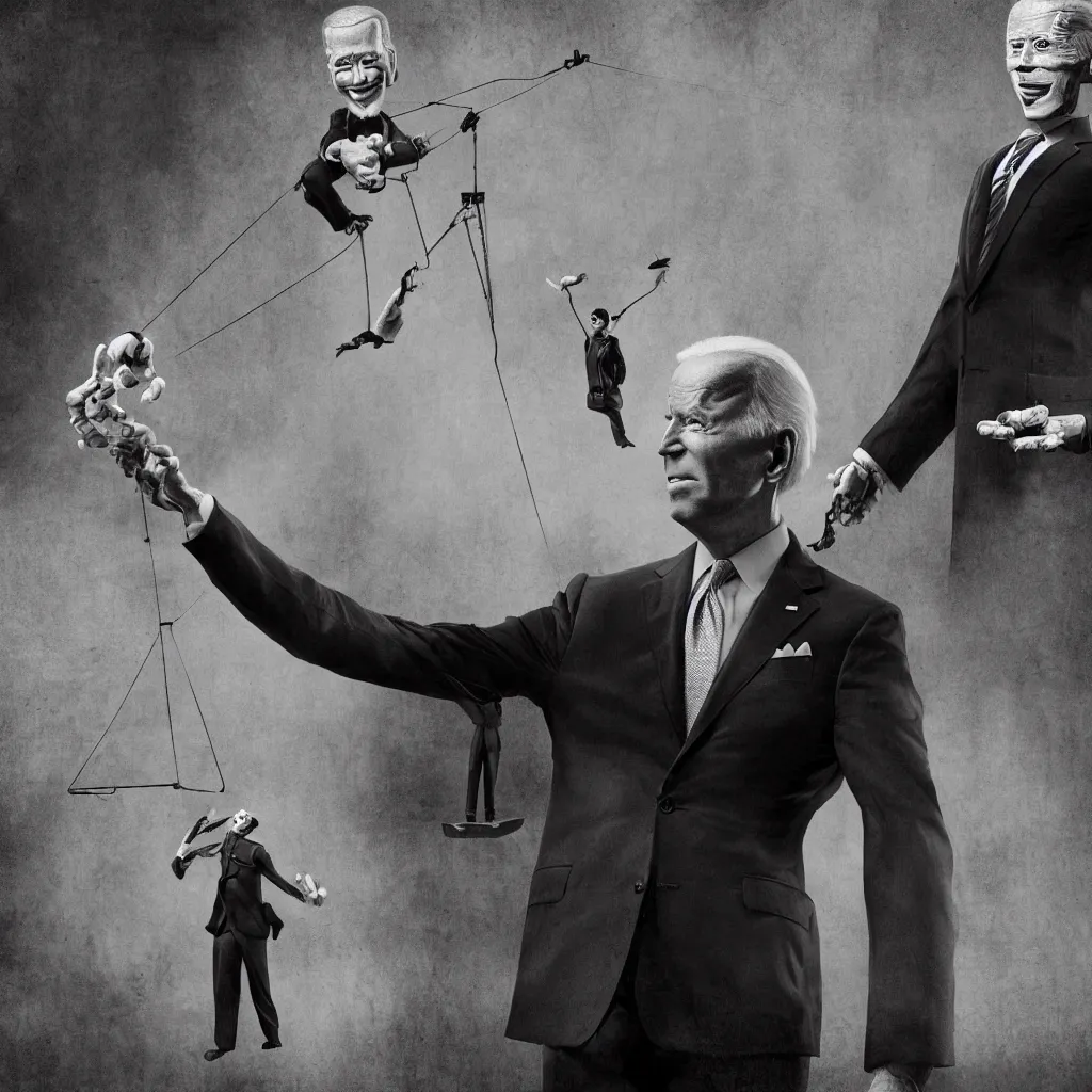 Prompt: Joe Biden as a marionette, shadowy corporate CEO holding the strings, digital art, ominous atmosphere, highly detailed, low angle