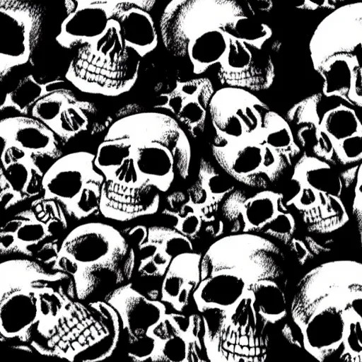 Image similar to Skulls lying under a dead tree. Close Up Shot, Dark Fantasy, Film Noir, Black and White. High Contrast, Mike Mignola, D&D, OSR