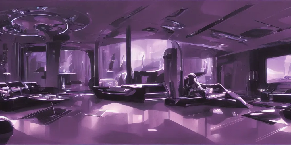 Image similar to a futuristic living room in gothic style with holograms all over, syd mead cinematic painting, 4 k