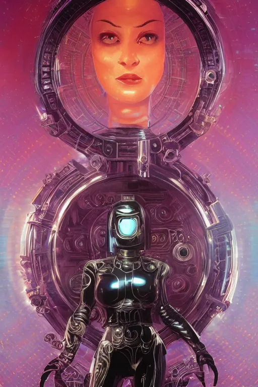 Image similar to retro-futuristic portrait of a beautiful female android in dusty chrome armour, dancing pose, ornate background, ornate pattern, glowing eyes, evil expression, high details, intricate details, renaissance style, painting by vincent di fate, artgerm julie bell beeple, 80s, Smooth gradients, High contrast, depth of field, very coherent symmetrical artwork