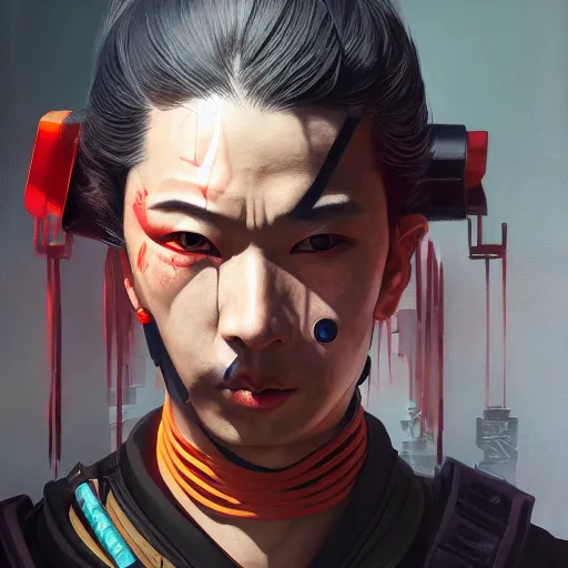 Prompt: cyberpunk samurai portrait painting, medium shot, asymmetrical, profile picture, organic painting, sunny day, matte painting, bold shapes, hard edges, street art, trending on artstation, by huang guangjian and gil elvgren and sachin teng