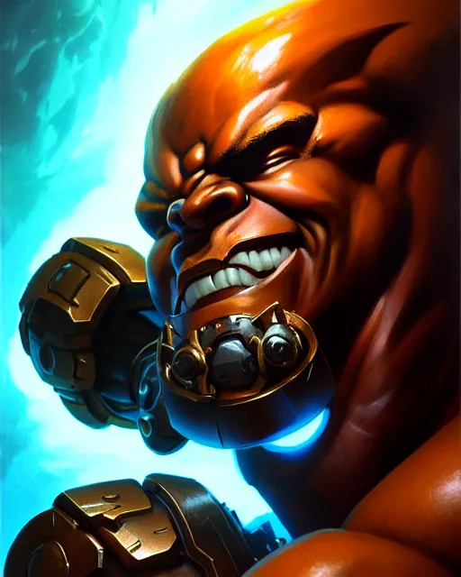 Image similar to doomfist from overwatch, elegant, confident, smug, ripped, buff, strong, fantasy, fantasy art, character portrait, portrait, close up, highly detailed, intricate detail, amazing detail, sharp focus, vintage fantasy art, vintage sci - fi art, radiant light, caustics, by boris vallejo