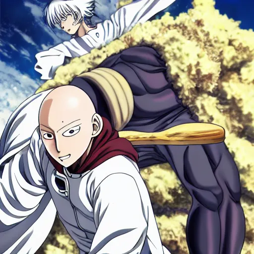 Image similar to one punch man as baker baking french baguette, manga book anime style, anime key visual, pixiv