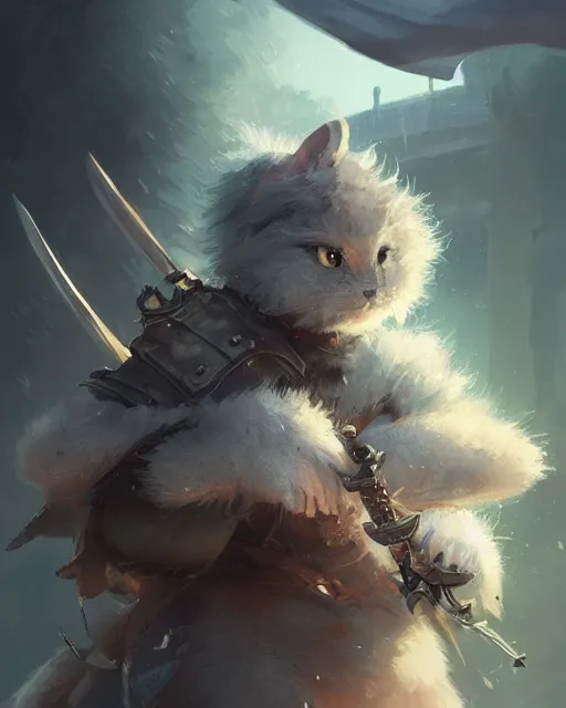 Image similar to whimsical fluffy warrior of hiyabusa square, scarf, sword and shield, close up, details, sharp focus, elegant, highly detailed, illustration, by jordan grimmer greg rutkowski wlop maya takamura, intricate, trending artstation, pixiv, digital art