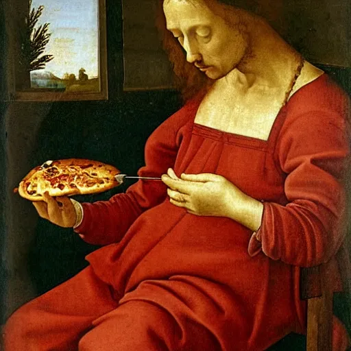Prompt: a renaissance materpiece painting of a man eating pizza on the couch in his pajamas, leonardo da vinci