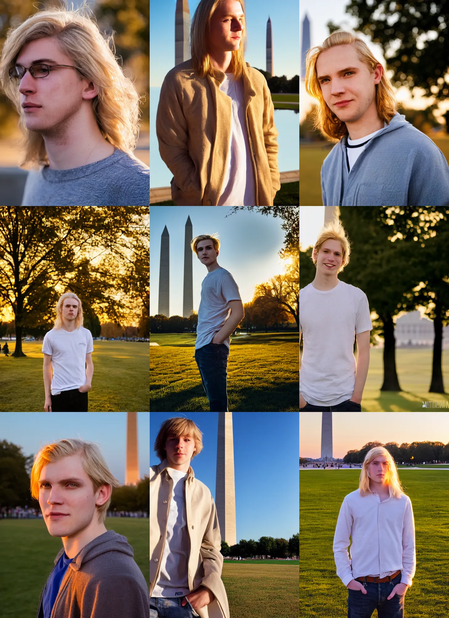 Prompt: a pale young man with long light blond hair in front of the washington monument, high quality, portrait photography, golden hour