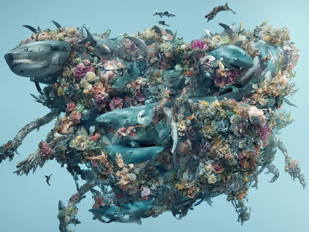 Image similar to a sculpture of ocean shark intertwined, a lovely cornucopia of flowers and human body parts, highly detailed, octane render, cinematic, shock