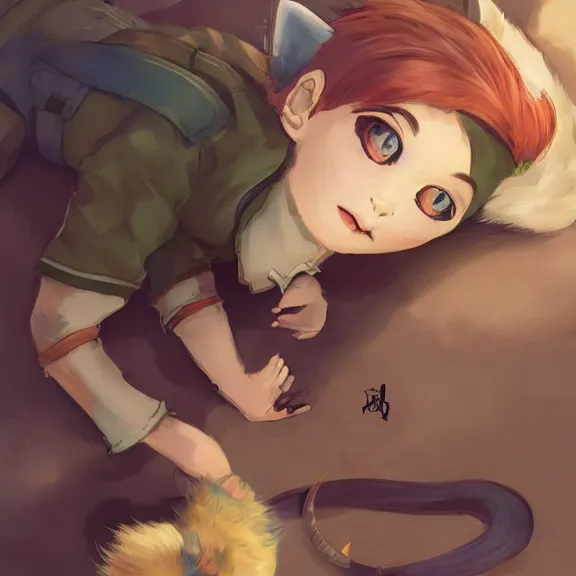 Image similar to boy with cat ears and cat tail resting on the floor, fantasy artwork, award winning, very very very very very very very very beautiful, trending on artstation.