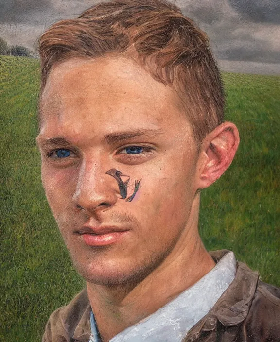 Prompt: portrait of a handsome young ohio farmer, art by denys tsiperko and bogdan rezunenko, hyperrealism