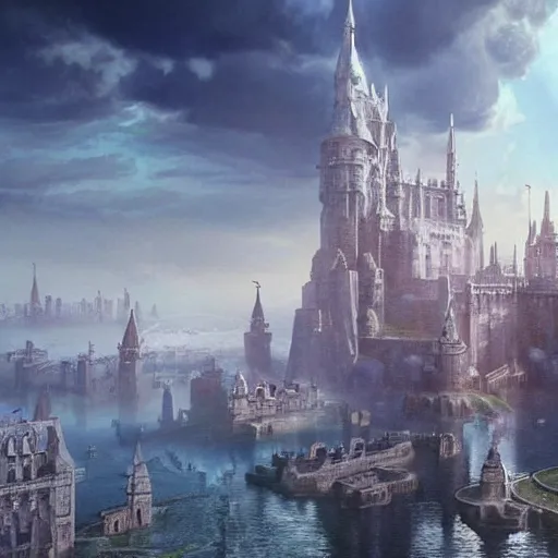 Image similar to a beautiful fantasy castle made from white stone and bright copper, medieval city submerged in water, metropolis, magic, tall towers, gorgeous clouds, white marble, god rays, digital art, fantasy art, octane render, unreal engine, high detail, very realistic, by greg rutkowski, by james gurney