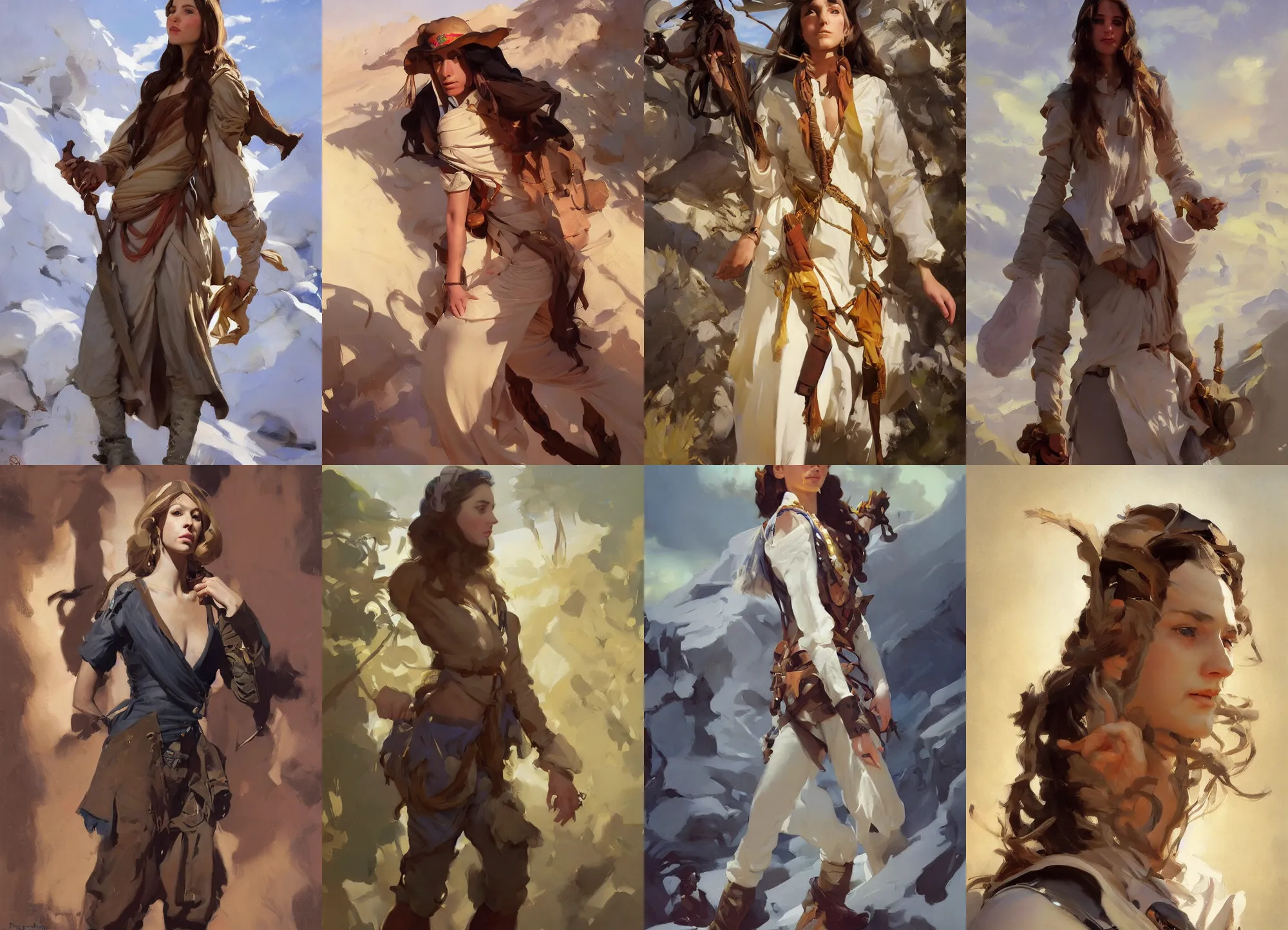 Image similar to in full growth portrait of hippie model girl jodhpurs hyperborea winter traveler treasure hunter greg manchess painting by sargent and leyendecker, fantasy, medium shot, asymmetrical, intricate, elegant, matte painting, illustration, hearthstone, by rhads, by greg rutkowski, by greg tocchini, by james gilleard, by joe fenton