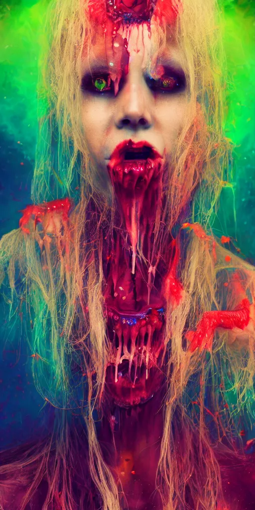 Image similar to impossibly beautiful vampire with large vampire fangs, full body, intricate complexity, horror, psychedelic glitch art, rainbow drip paint, trending on art station, photoreal, 8k, octane render