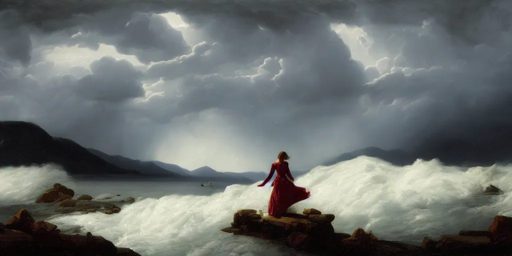 Prompt: a princess, big monster, snowy fjord, storm clouds, dramatic lighting, hudson river school, afternoon